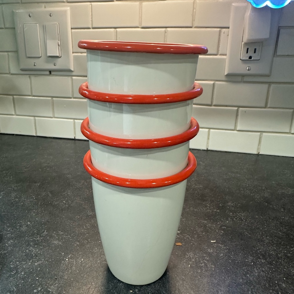 Set of Four White and Red Tumblers